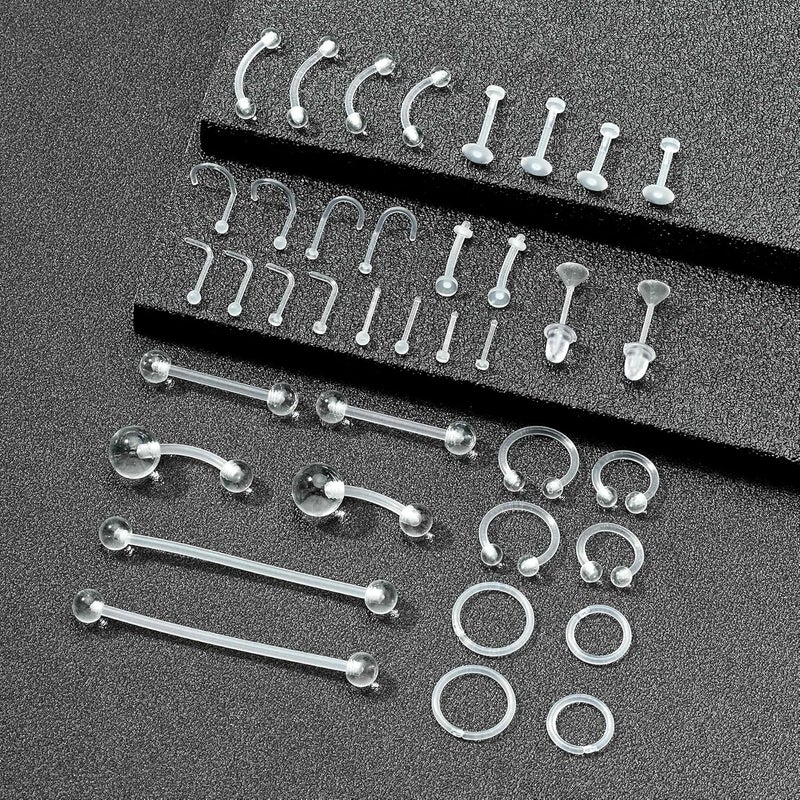 FECTAS 20-38PCS Clear Piercing Jewelry Bioflex Plastic Earrings Nose Rings Studs Septum Belly Cartilage Helix Industrial Nipple Tongue Lip Labret Eyebrow Piercing Retainers for Surgery Work Sports - Image 3